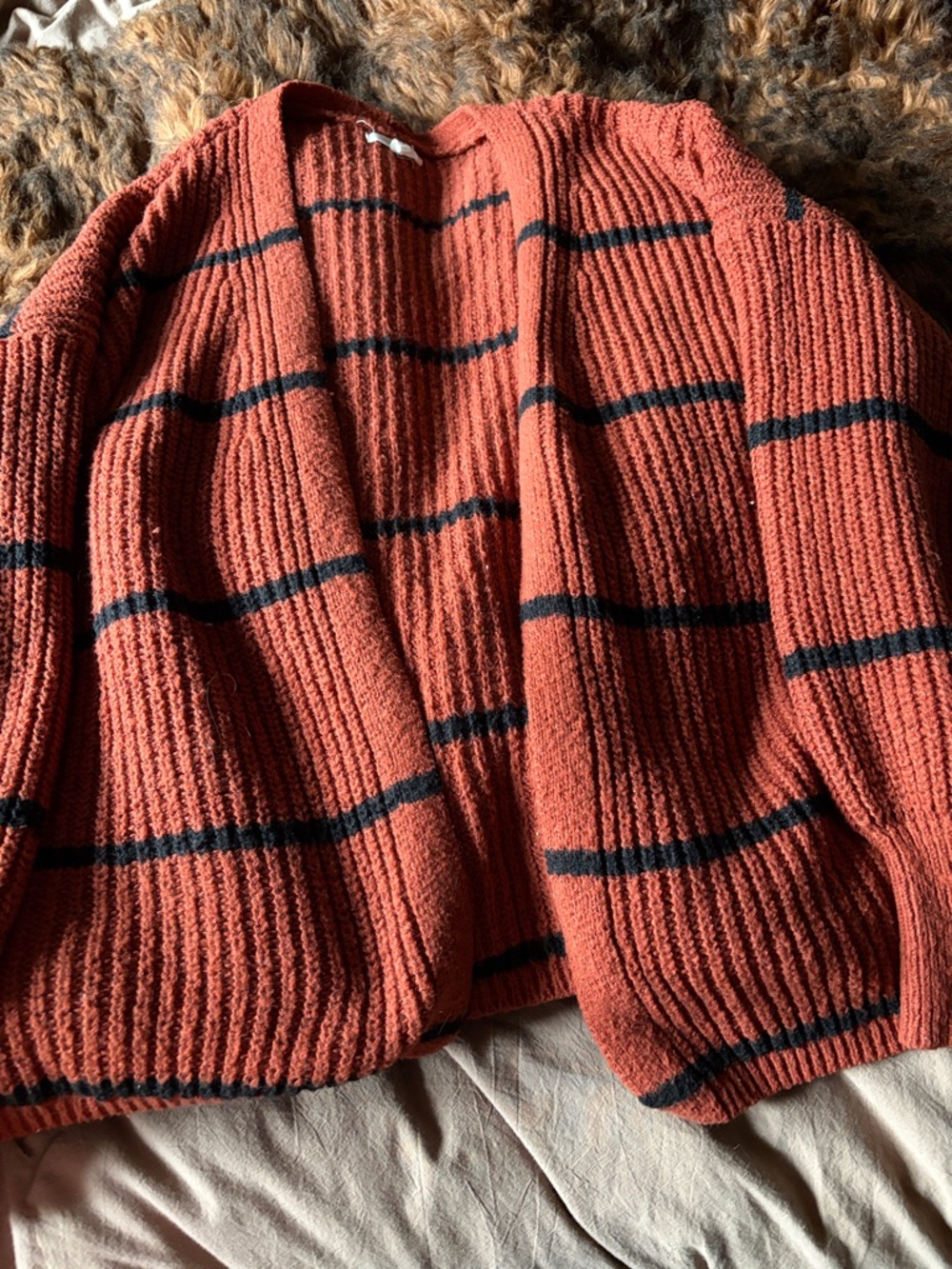 Maurices Rust Orange and Black Striped Chunky Knit Cardigan